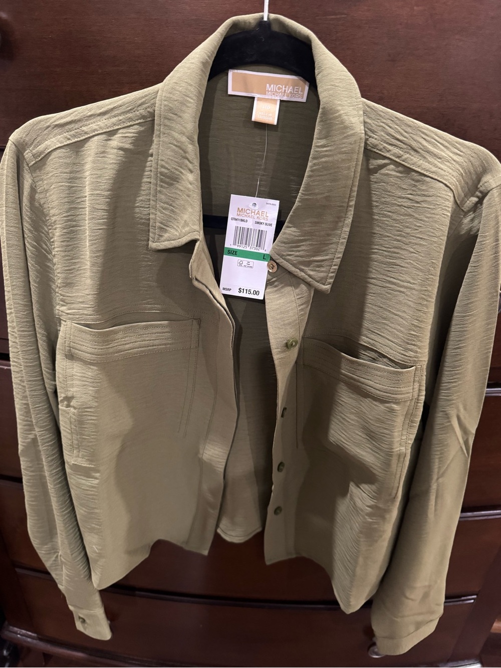 Michael Kors Olive Button-Front Blouse size L long sleeve